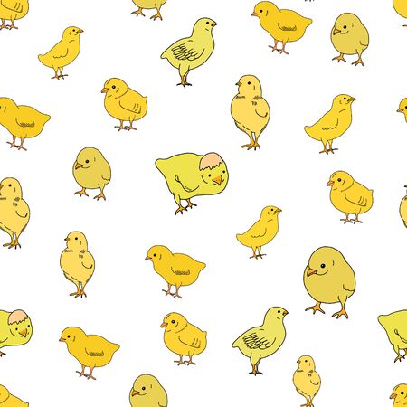 SSeamless pattern with chickens on a white background. Contour drawing.Scrawl.Drawing for the Easter holiday. Little chicken.Bird house.Vector illustrationのイラスト素材