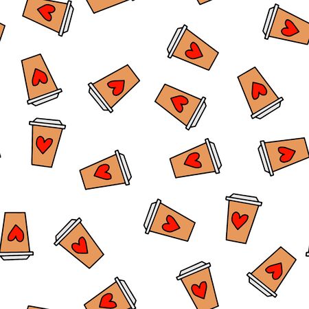 Seamless pattern on a white background of a Paper coffee Cup with the image of a heart.Hand drawn line drawing.Black and white image.Scrawl.Love, Good morning.Vector illustrationのイラスト素材