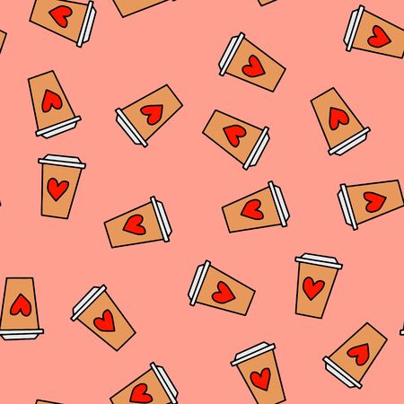 Seamless pattern on a pink background of a Paper coffee Cup with the image of a heart.Hand drawn line drawing.Black and white image.Scrawl.Love, Good morning.Vector illustrationのイラスト素材