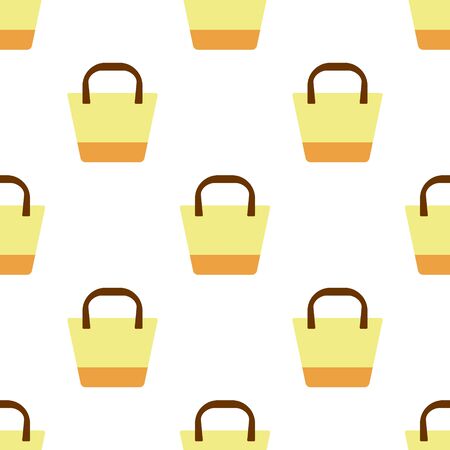 Seamless pattern with a yellow oval beach bag with a geometric pattern on a white background.Bright summer pattern for textiles.For beachwear.Vector illustrationのイラスト素材