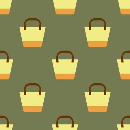 Seamless pattern with a yellow oval beach bag with a geometric pattern on a green background.Bright summer pattern for textiles.For beachwear.Vector illustration.のイラスト素材