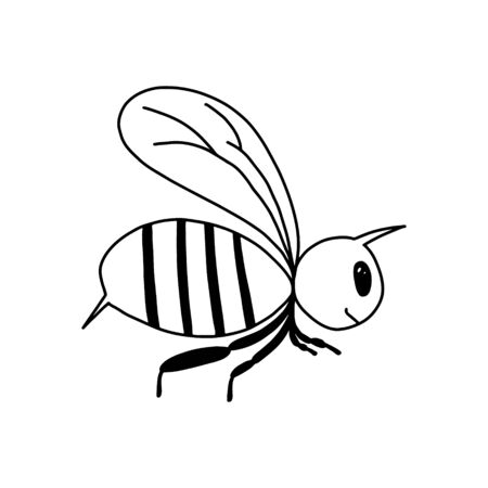 A single bee in the style of Doodle.Black - and-white image of an insect.Contour drawing of a cute bee.Children s drawing.Vector image.のイラスト素材