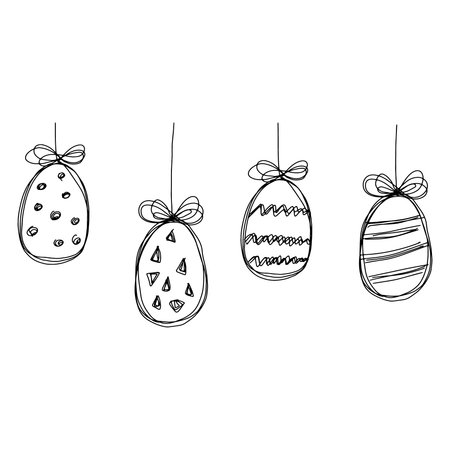 Easter eggs on a string.Doodle illustration.Eggs with a contour line. A careless drawing of Doodle eggs.Black and white illustration.Vector illustration.のイラスト素材