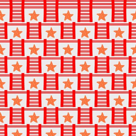 Seamless pattern with a geometric beach bag with red stripes and a starfish.Bright summer pattern for textiles.For beachwear.Vector illustrationのイラスト素材