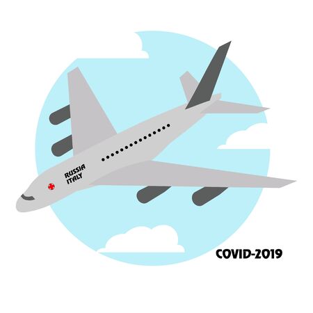 Medical care in Italy .Plane from Russia to Italy.Flat illustration.covind-2019.Coronavirus.Pandemic.Vector illustrationのイラスト素材