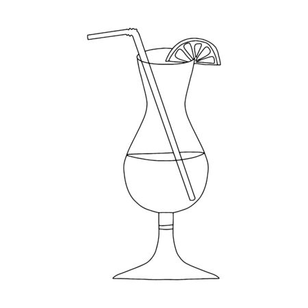 Cocktail glass with lemon or orange.On the edge of the glass, a slice of lemon and a tube.Picture in the Doodle style.Black and white illustration.coloring of drinks.Vector illustrationのイラスト素材