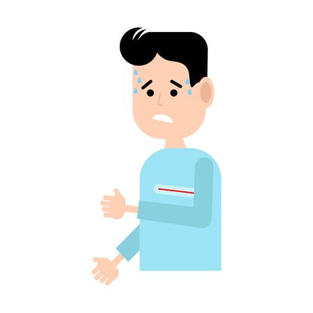 A man has a high temperature.Flat illustration.The man has sweat on his forehead.A thermometer in the armpit.Disease, virus, pandemic, coronavirus. covid-2019.のイラスト素材