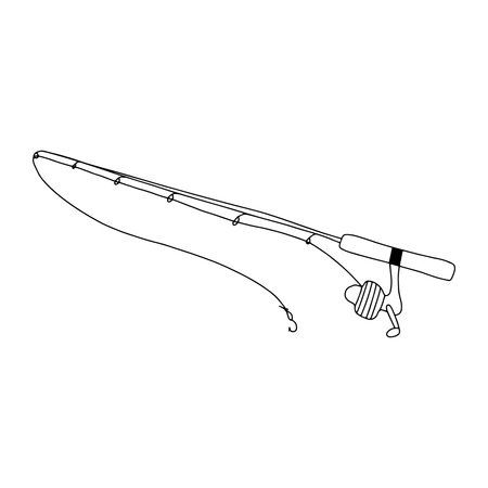 The fishing rod is drawn in the Doodle style.Black and white image.Outline drawing.Hand-drawn drawing.Hobbies and recreation.Fishing.Vector imageのイラスト素材