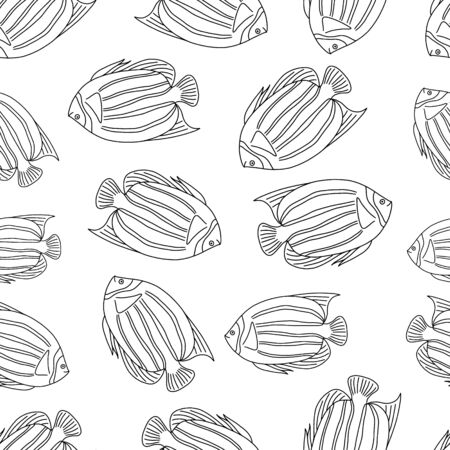 Seamless pattern with fish.A fish with a large sharp fin.Marine theme.Doodle style.Black and white image.Vector illustration.のイラスト素材