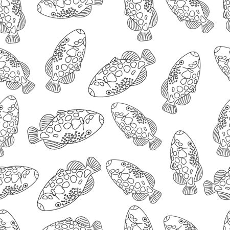 Seamless pattern with fish.A fish with a large sharp fin.Marine theme.Doodle style.Black and white image.Vector illustration.のイラスト素材