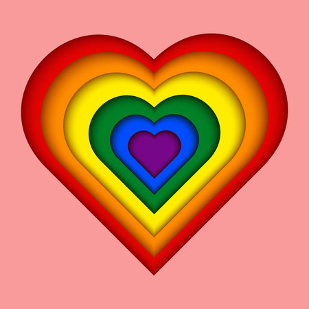 Rainbow heart.Heart shape with rainbow-colored pride flag. 3D paper cut design.Vector illustration of the LGBT community.のイラスト素材