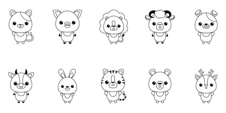 Set cartoon animals in hand drawn style on white background. hand drawn illustration. cartoon vector illustration. cute symbol. Funny vector illustration. funny cartoon charactersのイラスト素材