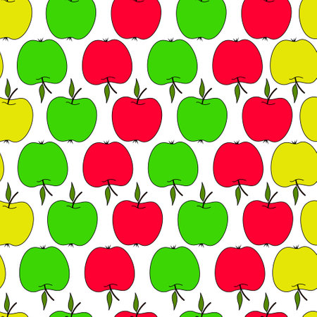 Seamless pattern with apples on a white background. Autumn pattern with fruit.Red, green, yellow apple.Bright print for fabricのイラスト素材