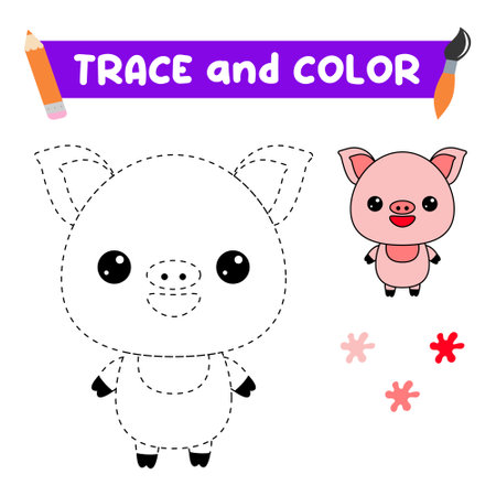 trace and color the animal. A training sheet for preschool children.Educational tasks for kids.Pig Coloring Book.のイラスト素材