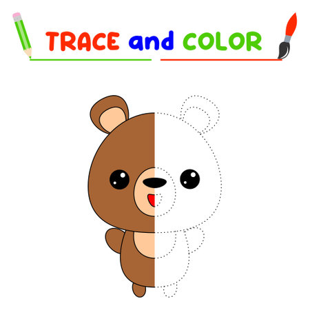 trace and color the animal. A training sheet for preschool children.Educational tasks for kids.Bear Coloring Bookのイラスト素材