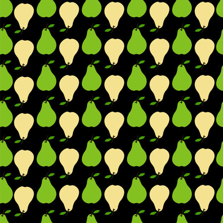 Seamless pattern with yellow and green pears on a black background. fruit pattern. Doodles