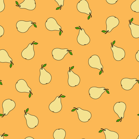 Seamless pattern with yellow pears on an orange background. Pattern with yellow fruits. Doodles