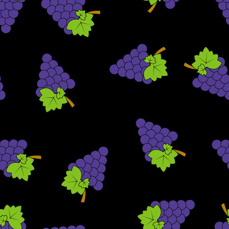 Seamless pattern with blue grapes on a black background.のイラスト素材