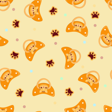 Seamless children's pattern on a yellow background. A dummy with a tiger. Pacifier for childrenのイラスト素材