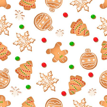 Seamless pattern with ginger cookies on a white background. Gingerbread man, snowflake, Christmas tree, Christmas ball.のイラスト素材