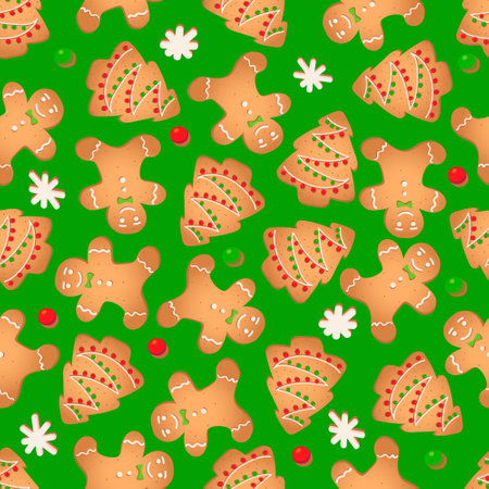 Seamless pattern with ginger cookies on a green background. Gingerbread man, Christmas tree, snowflake.のイラスト素材