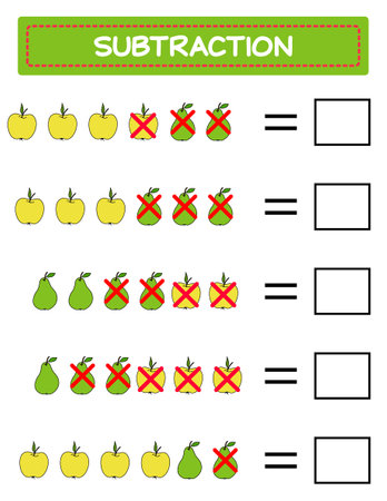 Subtraction. Math worksheet for kids. Developing numeracy skills. Solve examples and write. Mathematics. Vector illustration.Educational math children game. Subtraction for kids.. Learning subtraction worksheet for kids, counting activity.のイラスト素材