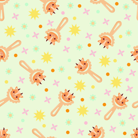 Seamless pattern with baby cow rattle. Children's pattern on textiles. Gentle children's yellow background.のイラスト素材