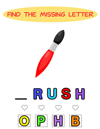 Find missing letter.Red brush. Educational spelling game for kids.Education puzzle for children find missing letter of cute cartoon brush printable bug worksheet.のイラスト素材
