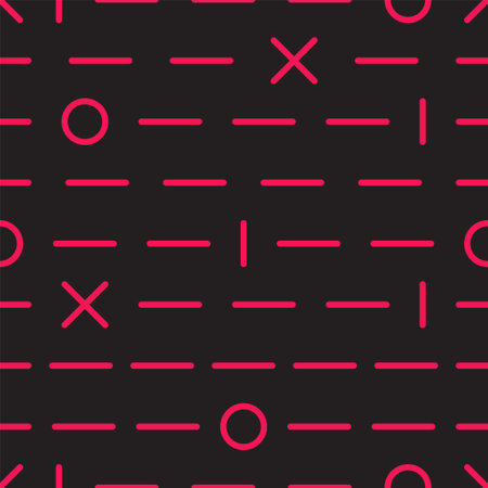 Geometric seamless pattern on a black background. Red dashes, circle, cross.のイラスト素材