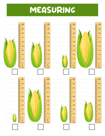 Measuring length with ruler. Education developing worksheet. Game for kids.Vector illustration. practice sheets.Corn measurement in centimetersのイラスト素材
