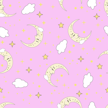 A seamless pattern on a pink background, featuring a sleeping moon and cloudsのイラスト素材
