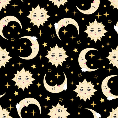 A seamless pattern featuring the sun, moon, and stars on a black background, ideal for children