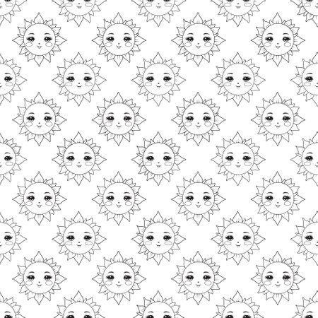 A seamless pattern featuring the sun in a cartoon style, in black and white, on a white backgroundのイラスト素材
