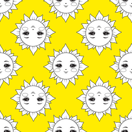 A seamless pattern with the sun in a cartoon style in black and white, on a yellow background