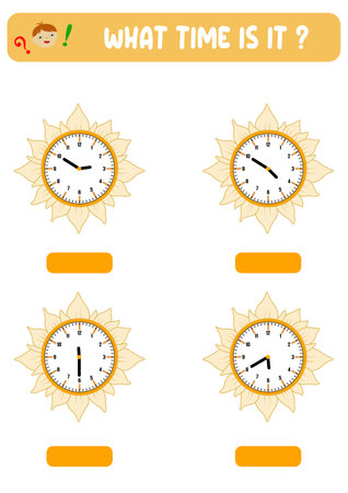 What time is it. Learning time on the clock. Educational activity worksheet for kids and toddlers, preschool game, puzzle with clock, education game for children.のイラスト素材
