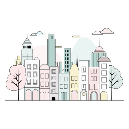 Illustration in a simple, minimal geometric style - a cityscape with buildings and trees, presented as a horizontal bannerのイラスト素材
