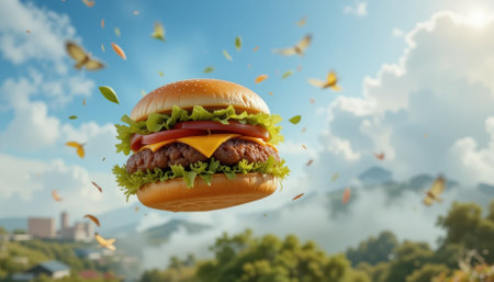 An appetizing hamburger floats in the air, showing layers: bun, lettuce, cutlet, cheese and tomatoes. Leaves and butterflies are scattered around, with hills and a cloudy sky against the backgroundの素材