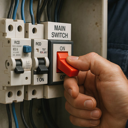 man electrician pressing main breaker.の素材