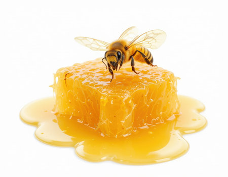 bee sits on piece of honeycomb, abundantly drenched with honey, which flows from the edges. The white background highlights the bright colors, creating lively and sweet atmosphereの素材
