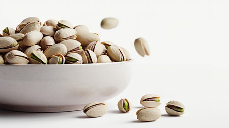 On a white background, a bowl full of pistachios, with several nuts spread around. One of the nuts falls from the bowl, creating a dynamic compositionの素材