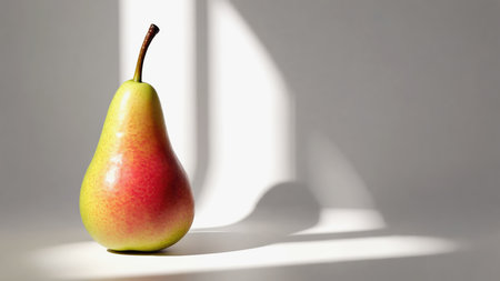 Juicy pear with green and red halves on a light background. Shadows and light stripes create an interesting visual effect. Ideal for culinary and fitness projectsの素材