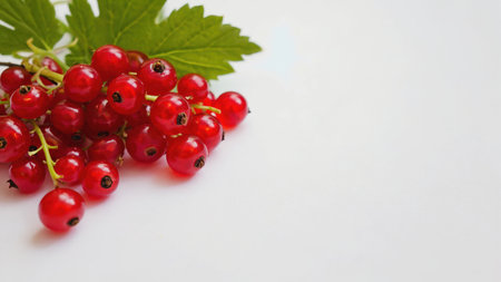 Bright red clusters of currents with green leaves on a white background create a fresh and appetizing still life, ideal for a summer table and culinary ideasの素材