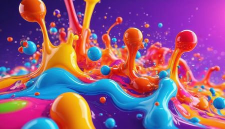 A bright abstract composition with iridescent colors creates a sense of movement and energy. Spherical elements add depth and uniqueness, forming a dynamic atmosphereの素材