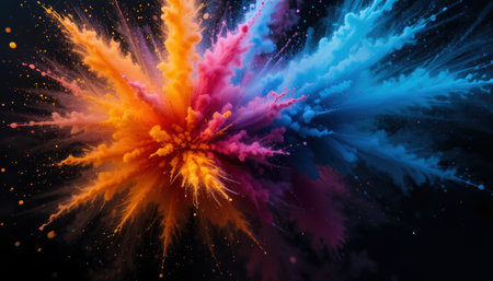 bright color explosive composition of powder on a dark background. Orange, pink and blue shades effectively spread out from the central point, creating a sense of energy and dynamicsの素材