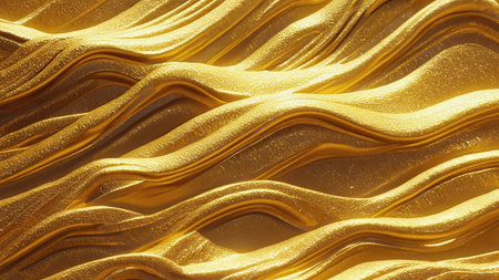 This abstract background with wavy gold structures conveys an atmosphere of luxury and smoothness, creating a feeling of fluidity reminiscent of molten gold or silkの素材