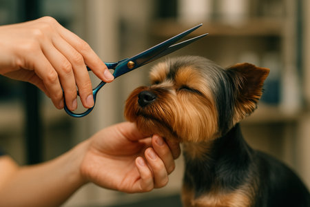 The Yorkshire Terrier grooming process, The groomer gently holds the dog by the chin, preparing to trim its fur with scissors. A dog with its eyes closed.の素材
