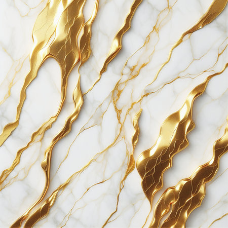 close-up of white marble with gold veins varying in thickness and texture. Smooth and shiny lines combined with textured ones create an effect of luxury and eleganceの素材