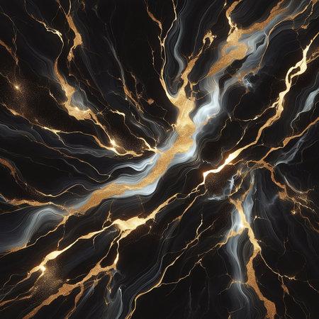 abstract pattern resembling black marble with bright gold and white veins. The golden veins are shiny and sparkling, creating an elegant, luxurious style on a contrasting black backgroundの素材