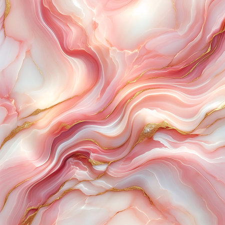 the texture of pink marble with golden veins and white streaks. The transitions from pale to rich pink create a unique and elegant patternの素材