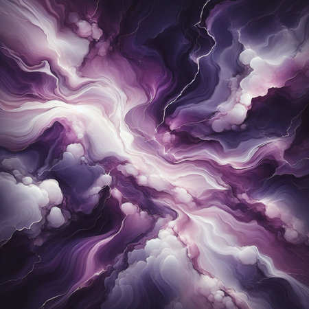abstract background with a texture resembling marble or agate. Purple, white, and gray shades with golden streaks predominate, creating an effect of illumination and depthの素材